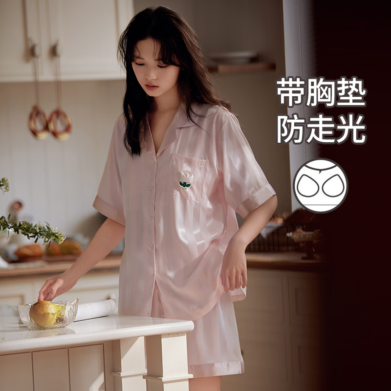 马克公主冰丝睡衣女夏带胸垫夏天可外穿高级感条纹短袖凉感家居服 WZT05700-带胸垫 M