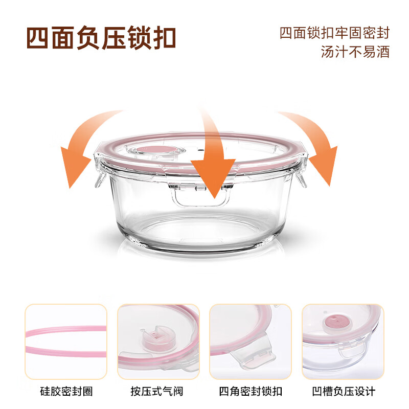 乐唯诗(NERVISHI)玻璃碗带盖饭盒微波炉加热上班族密封保鲜盒便当小留样米饭分装盒 高硼保鲜盒/圆粉-2件套370ml