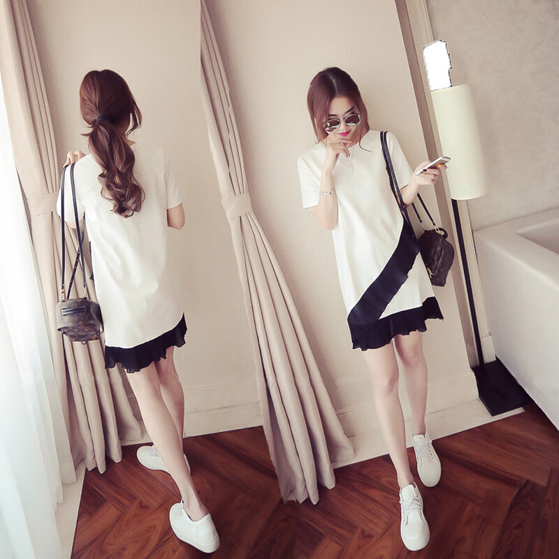 【现货直发】夏季中长款短袖t恤女荷叶边拼接大码宽松连衣裙女短 白色 M