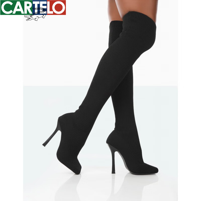 卡帝乐鳄鱼（CARTELO）2026秋冬新款高跟鞋女针织过膝长靴弹力袜靴女细跟靴子马丁靴女 黑色9cm 37