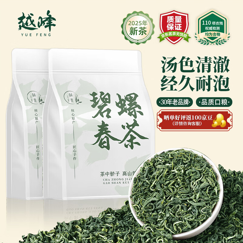 越峰一级碧螺春2025年新茶袋装绿茶茶叶自己喝实惠口粮好茶2袋共500g	