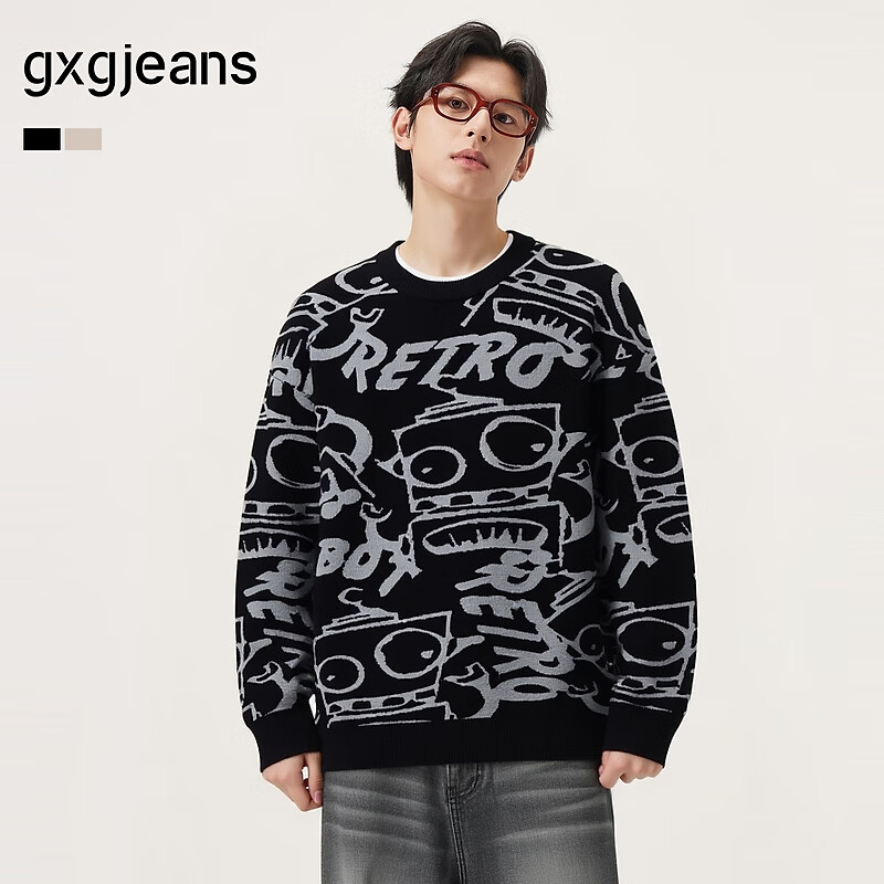 gxgjeans男装 秋冬多色趣味图案宽松休闲毛衣男圆领线衫 黑色 M (170)