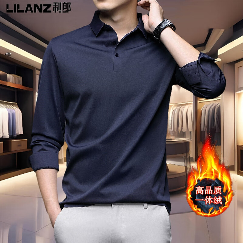 利郎男装商务长袖加绒T恤秋冬季新款桑蚕丝免熨烫男士高端行政T恤衫 225-黑色 加绒 L 170/建议120-140斤