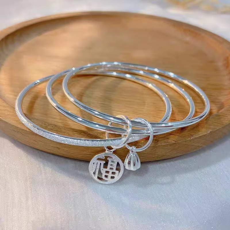 三生三世足银9999手镯年轻款纯银实心素圈镯子送女友闺蜜礼物 三生三世莲莲福牌银手镯 圈口#56MM丨25丨证书丨礼盒