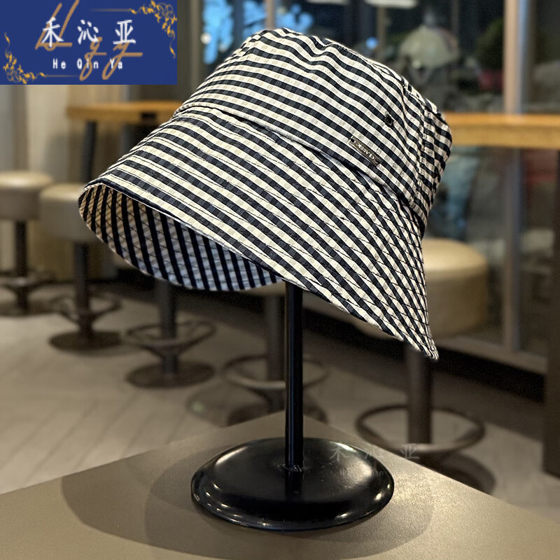 禾沁亞日系復(fù)古格子仔漁夫魚夫帽后U型加大帽沿防嗮遮陽帽春透氣太陽帽 黑白色 M (56-58cm)