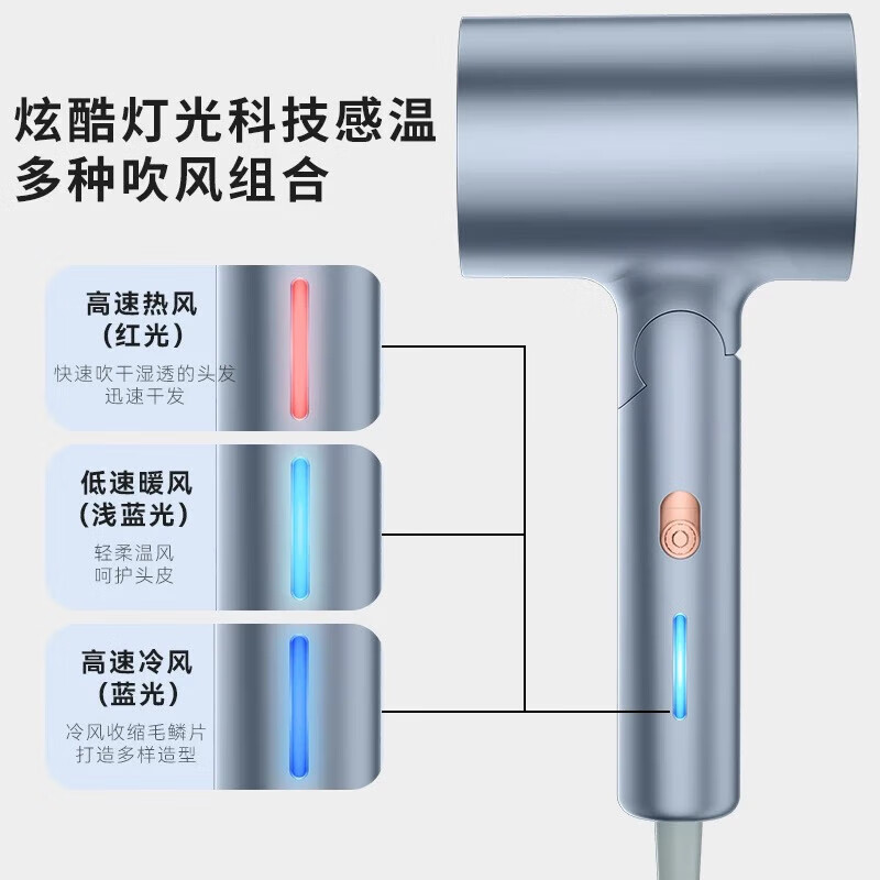 米智能通用吹风机家用静音负离子大功率不伤发折叠3000高速大风力 【闪银蓝】无界3000-折叠AI感温