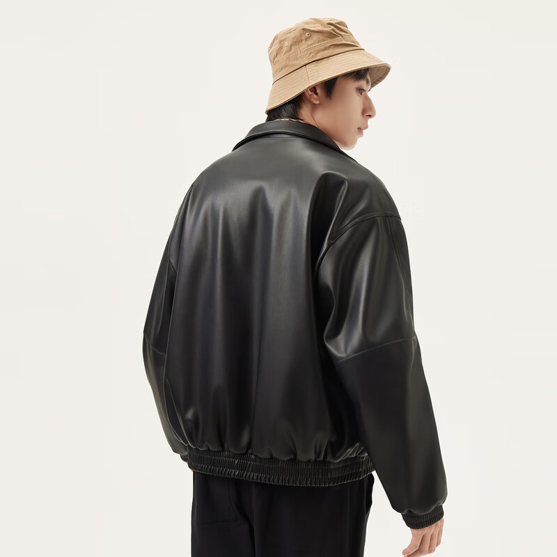 gxgjeans男装 黑色pu简约时尚宽松翻领夹克外套 25年春季新款 黑色 M (170)