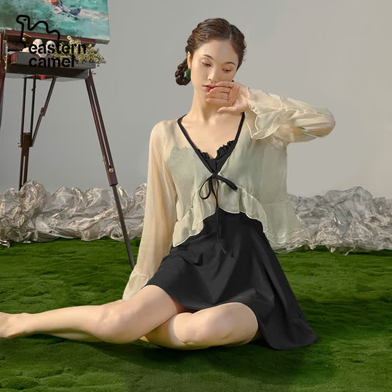 东方骆驼连体游泳衣女ins长袖夏季新款2026保守遮肚显瘦泡温泉高级感 绿色含外套 XL 建议体重110-125斤