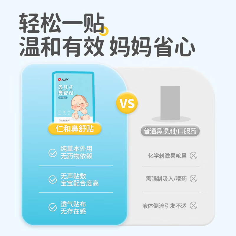 仁和儿童苍耳子鼻舒鼻炎油婴儿胀气消食贴0-3个月宝宝退热感冒止咳贴 苍耳子鼻舒贴【畅快呼吸】3盒