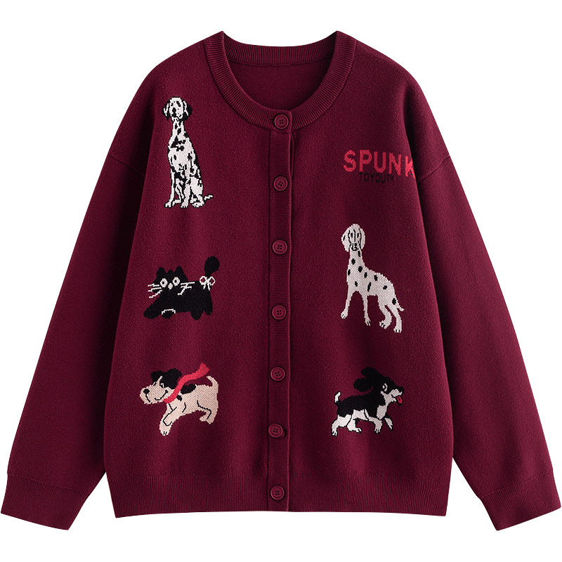 初語(yǔ)毛衣女2025秋季新款開(kāi)衫外套酒紅插畫(huà)師聯(lián)名斑點(diǎn)犬提花針織衫 酒紅色 L