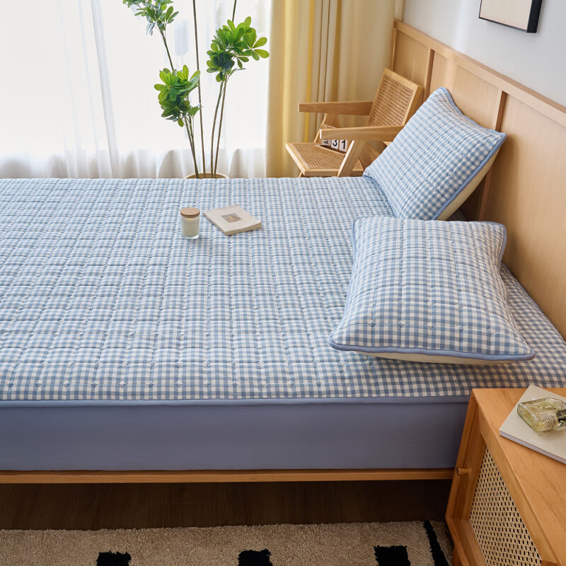 诸禄A类全棉夹棉床笠2米x2.2米2025新款四季通用床罩单件床垫保护隔脏 天蓝小格 床笠三件套 200cm*220cm