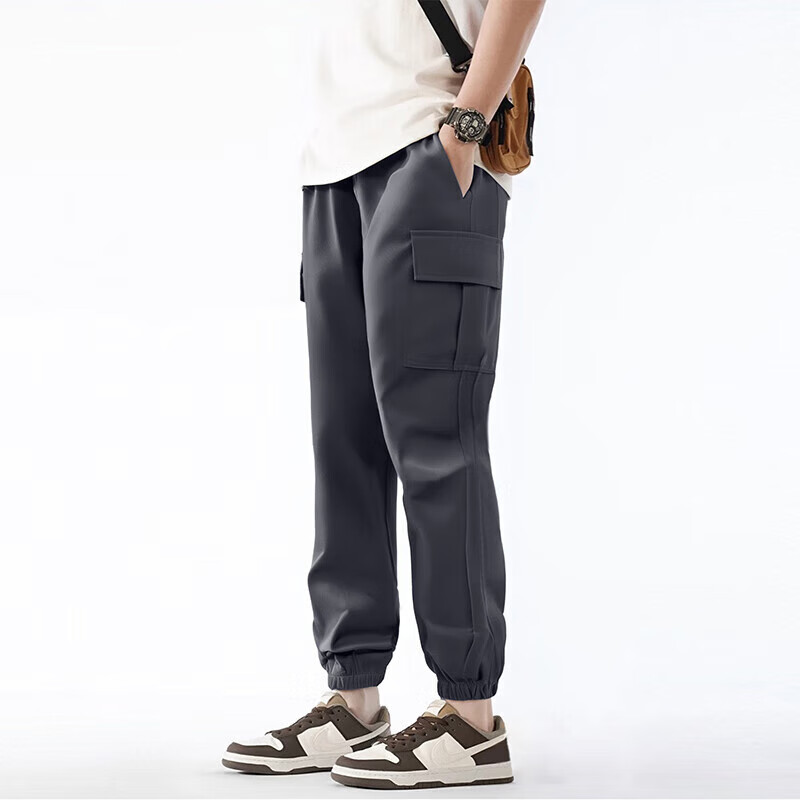 鸭鸭(YAYA)工装休闲裤男女同款潮流宽松运动情侣束脚速干长裤子 黑色 XL