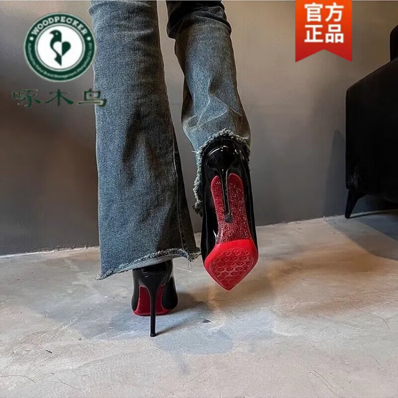 啄木鸟水钻红底高跟鞋女细跟2026新款绝美性感气质黑色漆皮尖头法式单鞋 黑色单鞋红底水钻 7cm 37 脚宽脚胖拍大一码