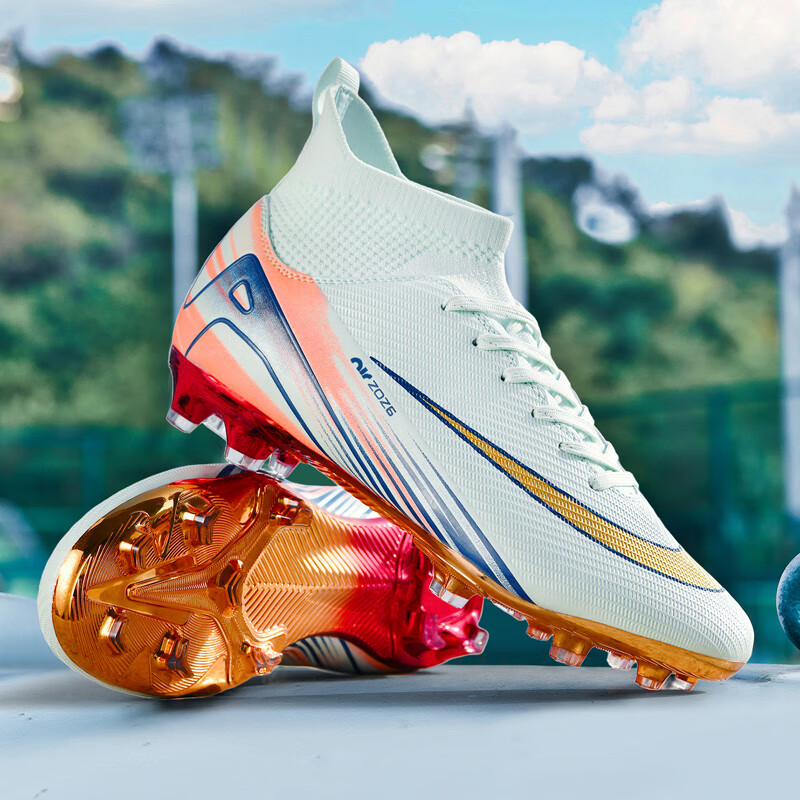 KUNY耐磨新品C罗刺客电镀成人儿童足球鞋男童AG长钉T碎钉学生训练鞋 2501浅月色高帮长钉 袜子＋护腿 38