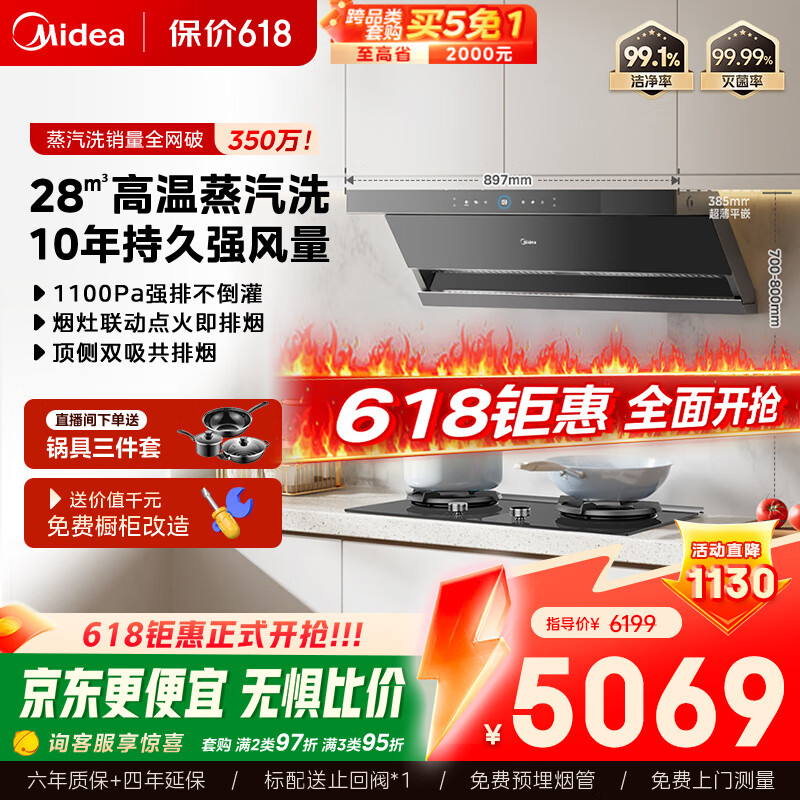 美的（Midea）【蒸汽洗AK7max】抽吸排油烟机28大风量顶侧双吸自清洁变频巡航AK7 MAX+NH529【套装商品】