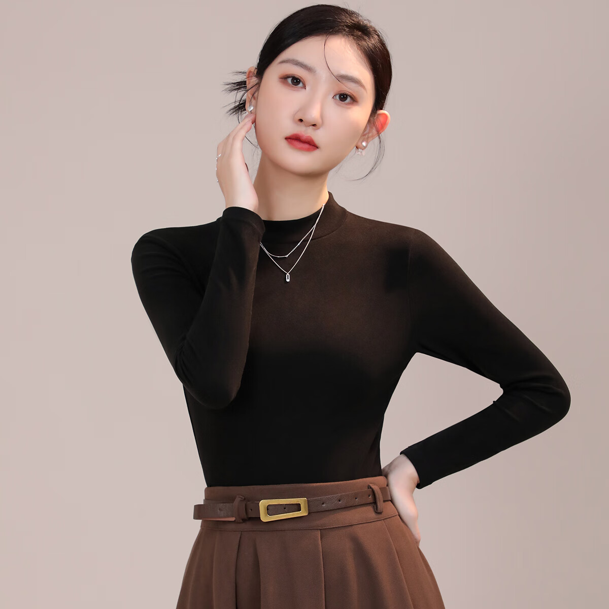 六月玫瑰半高领时尚打底衫女百搭修身显瘦女士打底衫女内搭高级感可外穿 黑色 M (80-100斤)