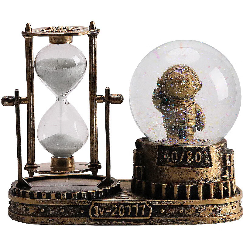 MPPMCK创意宇航员沙漏流沙水晶球摆件男孩儿童房间装饰礼品 复古银色宇航员【灯光音乐升级3