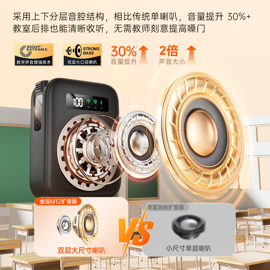 金运【30W大音量0啸叫丨新东方教师推荐】小蜜蜂扩音器教师专用无线领夹麦克风教学讲课导游神器防啸叫 M12【磁吸充电丨双麦】轻奢黑