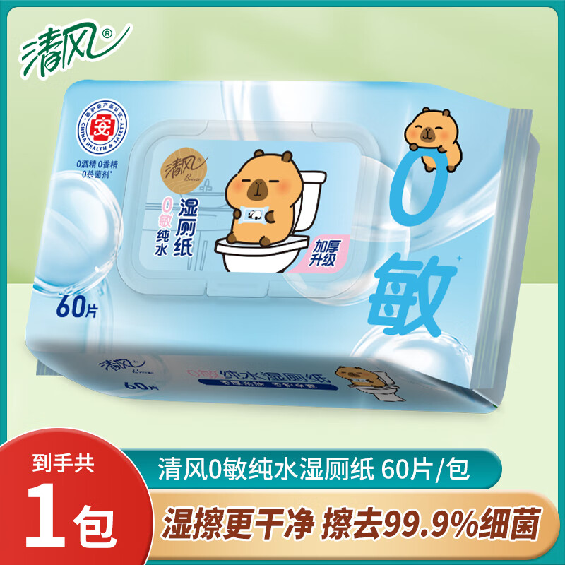 清风湿厕纸60片大包家庭实惠装便携擦屁股湿纸巾男女士专用湿厕巾 60片*1包