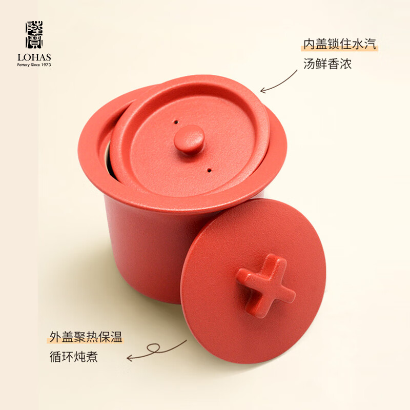 陆宝家用健康陶瓷炖盅隔水带盖十字炖罐400ml 给宝宝蒸蛋煲汤燕窝盅 富贵红 400ml