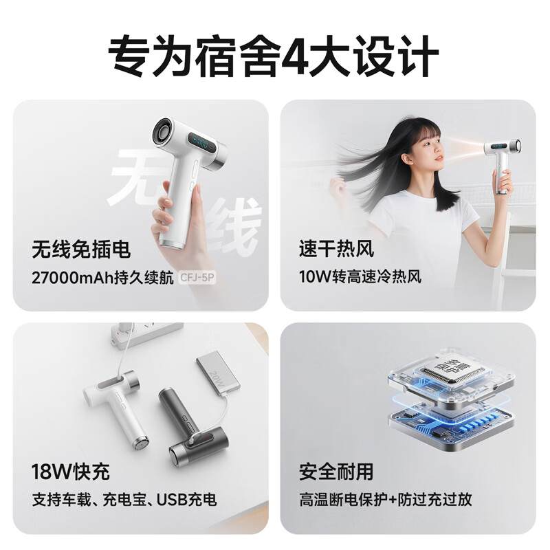 物克充电式无线吹风机学生宿舍专用电吹风不插电美术联考usb锂电池吹热风大功率 顶配灰/27000毫安续航+100档暴风+10万转