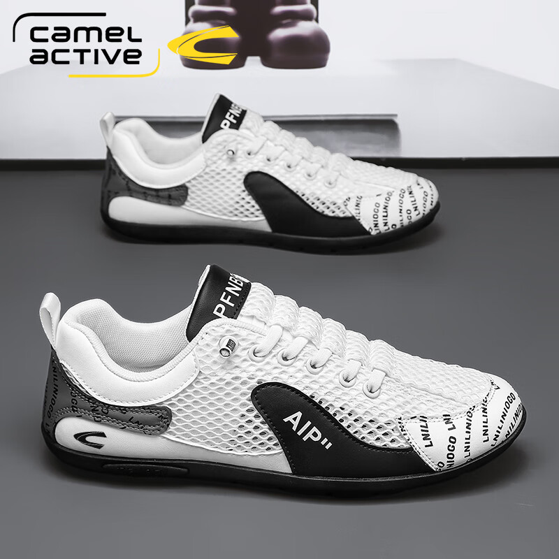 骆驼动感阿甘男鞋夏季透气防臭网面运动板鞋男士休闲跑步软底防滑豆豆潮鞋 灰色 44