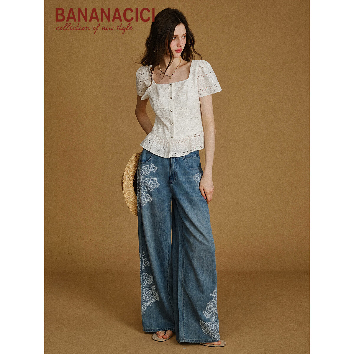 banana cici2025年秋季新款复古南法精致荷叶边绣花方领短袖衬衫C2F3CS017 白色 M