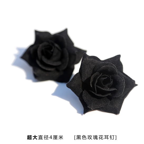 925银优雅diy玫瑰花朵可爱唯美耳环女耳饰银针耳钉 超大夸张黑色玫 