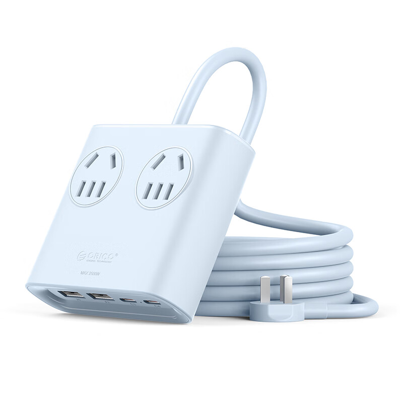 奥睿科(ORICO)小方砖桌面插排插座转换器转换插头一转多插座扩展器多功能宿舍排插USB插排插线板便携 天空蓝丨1次直接充8个 0.8米