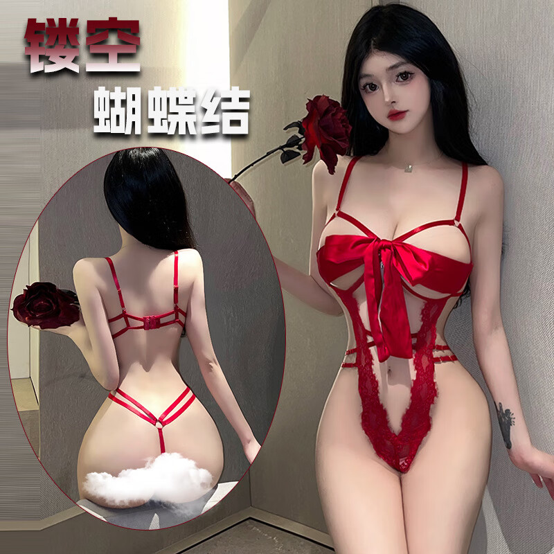 性感镂空蕾丝蝴蝶结露叉吊带 红色 均码