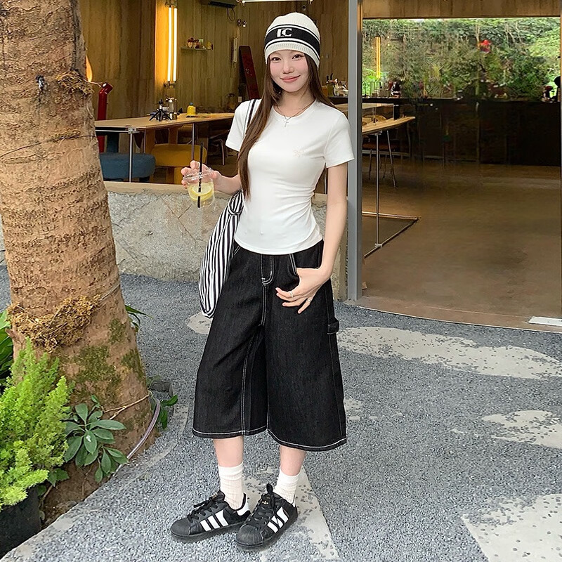 帅西欧蝴蝶结纯欲圆领修身显瘦T恤弹力短袖正肩上衣2025夏新款 灰色 L