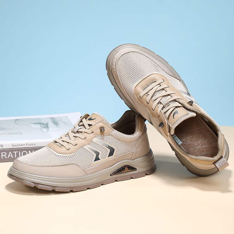 泰和源老北京布鞋男款2025新款夏季透气网面鞋时尚防滑软底休闲网眼板鞋 卡其色 78367 44