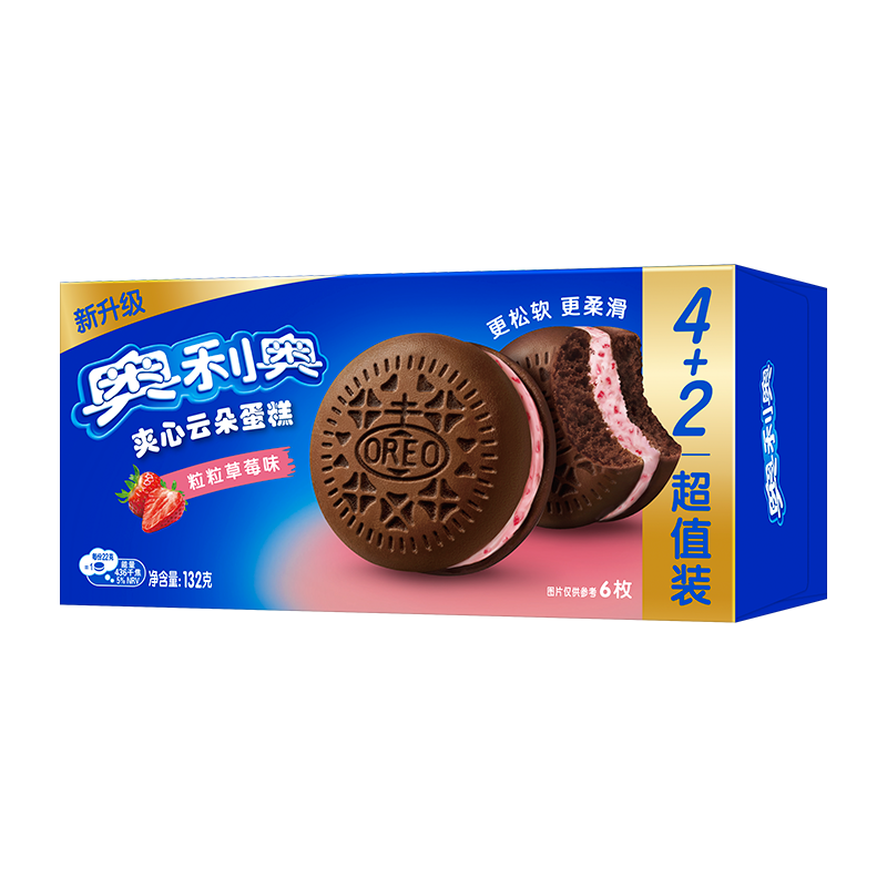 奥利奥（Oreo）夹心云朵蛋糕粒粒草莓味6枚132g 糕点休闲零食 早餐下午茶
