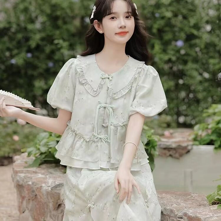 精尼琳新中式国风碎花蝴蝶结上衣半身裙子今年流行漂亮套装裙女夏季新款 S
