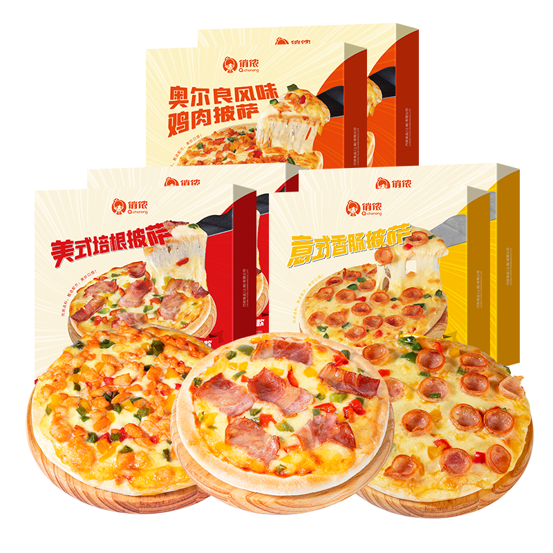 俏侬 芝士披萨组合1080g 6个装 培根+香肠+鸡肉烘焙半成品披萨