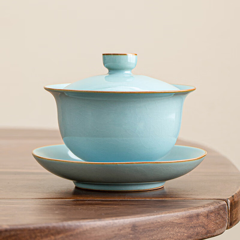 琦軒源天青汝窯三才蓋碗單個家用陶瓷帶蓋防燙泡茶碗公道杯茶杯茶具套裝 天青汝窯悅禾蓋碗