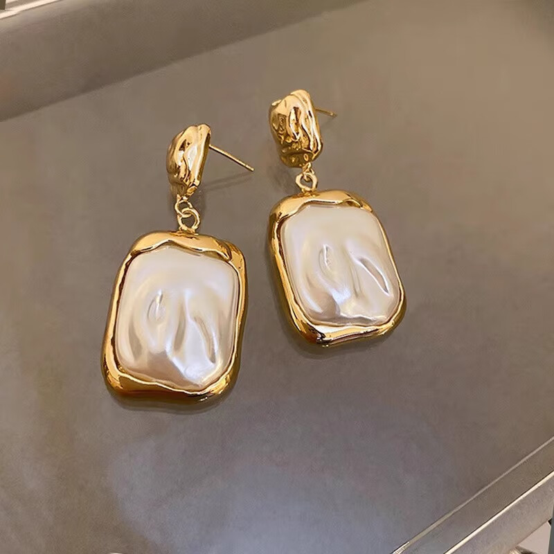 DOMAIWINS法式轻奢时尚方形褶皱耳环小众高级设计感珍珠复古中古风百搭耳钉 法式复古珍珠耳环