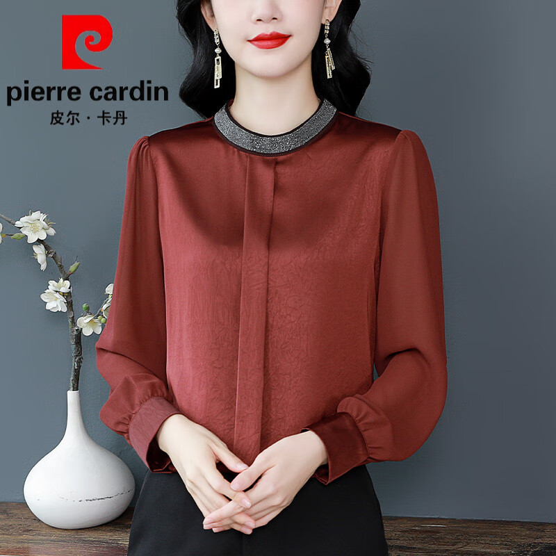 皮尔卡丹(pierre cardin)高端品牌真丝衬衫女长袖早秋季新款重工烫钻立领衬衣春装感桑蚕丝 皮尔卡丹 安哥拉红 4XL (建议150-160斤)