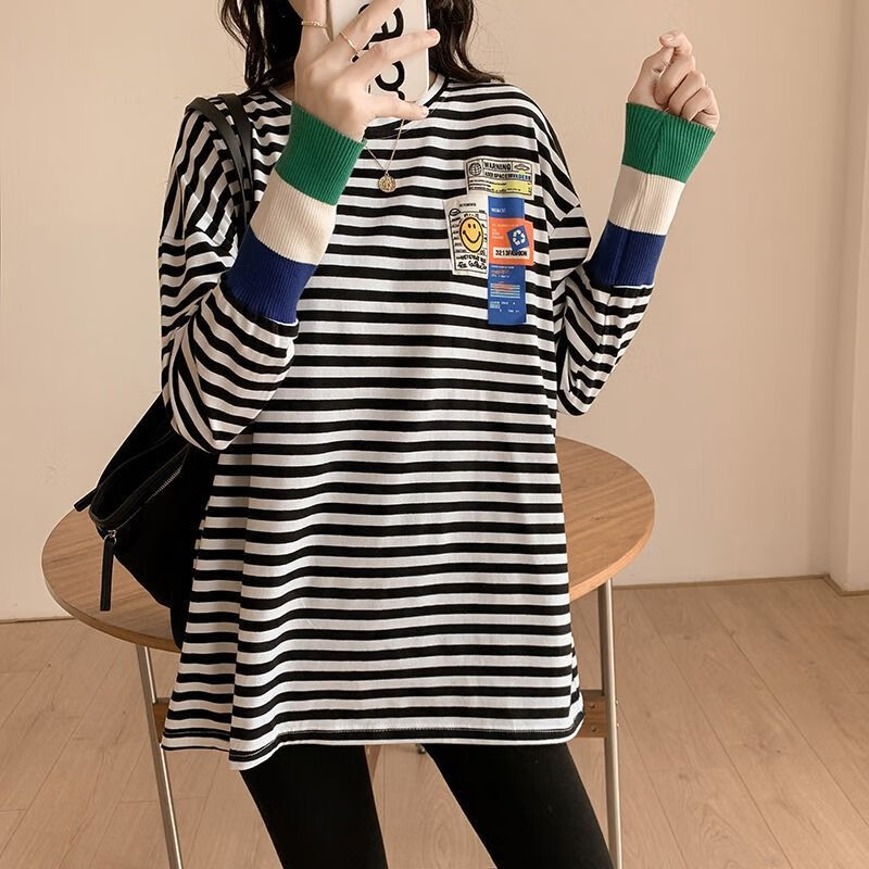 下衣消失大款长袖t恤女宽松学生秋冬条纹长袖t恤女中长款2022春装新款