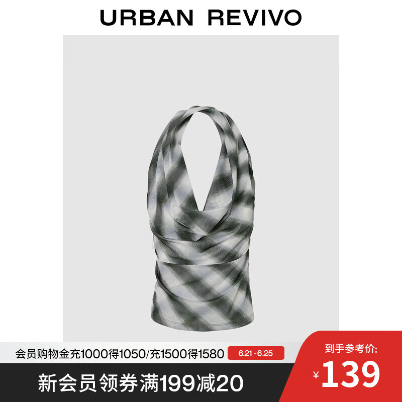 UR2025夏季新款女装复古设计感撞色格纹挂脖无袖T恤UWJ450104 深灰格子 S