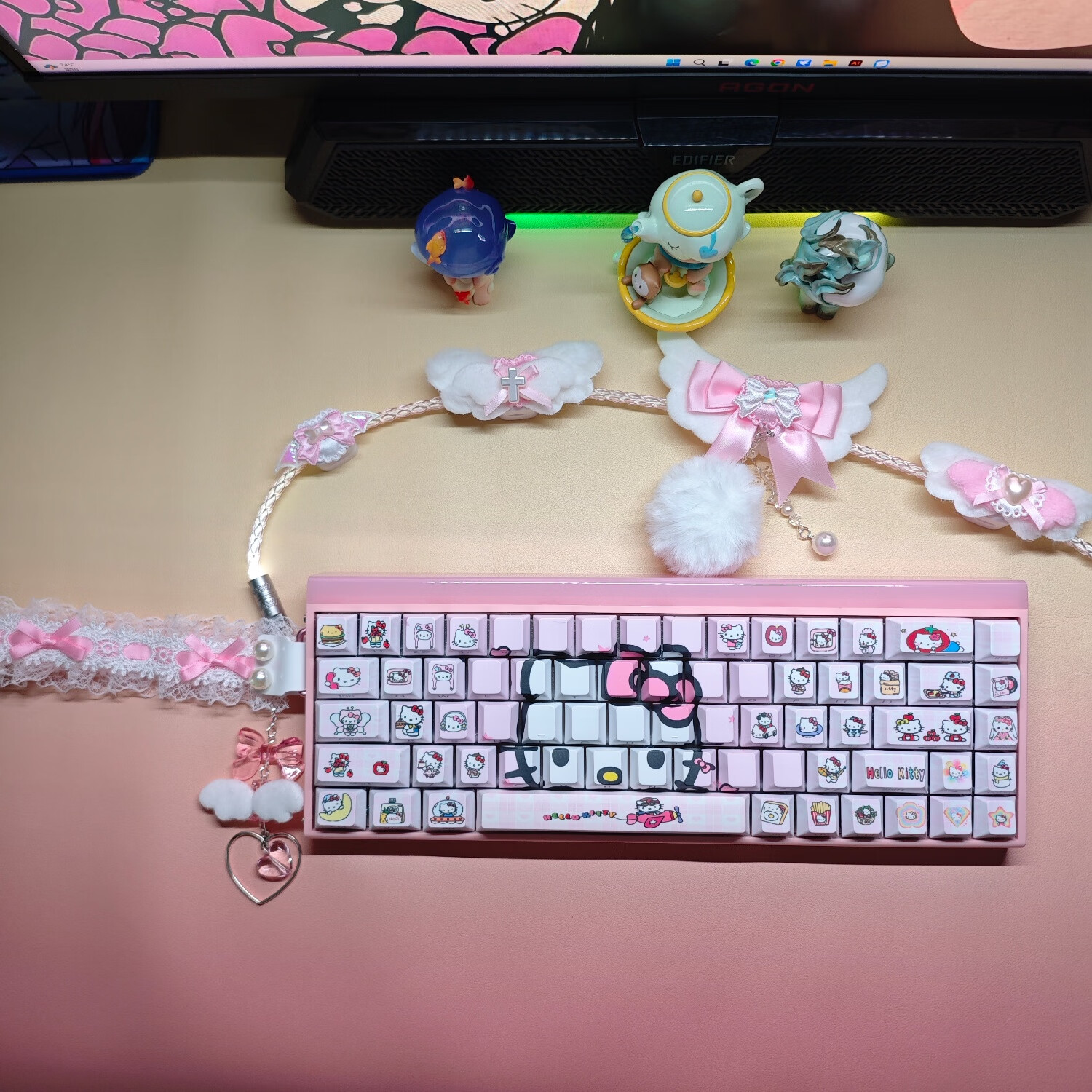 HelloKitty多色键帽侧刻透光wootingez63made68美加狮ev63 atkvgn艾石头小蜜蜂ace68win 粉色侧刻透光适配到87键，发全套