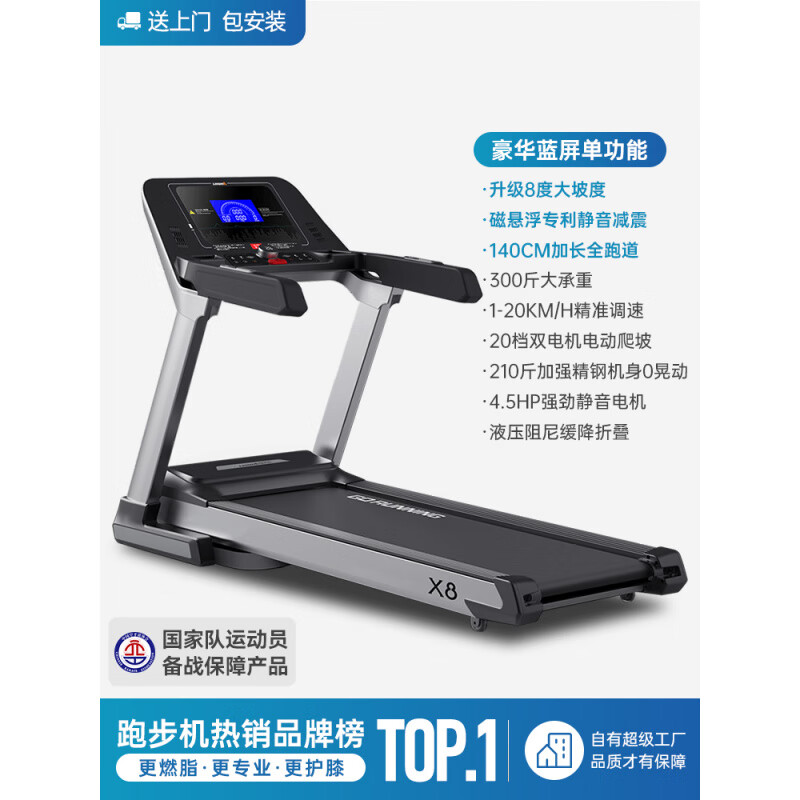 立久佳（lijiujia）X8马拉松跑步机家用款爬坡静音大型折叠商用器材健身房专用 【豪华蓝屏单】健身房同款-磁悬