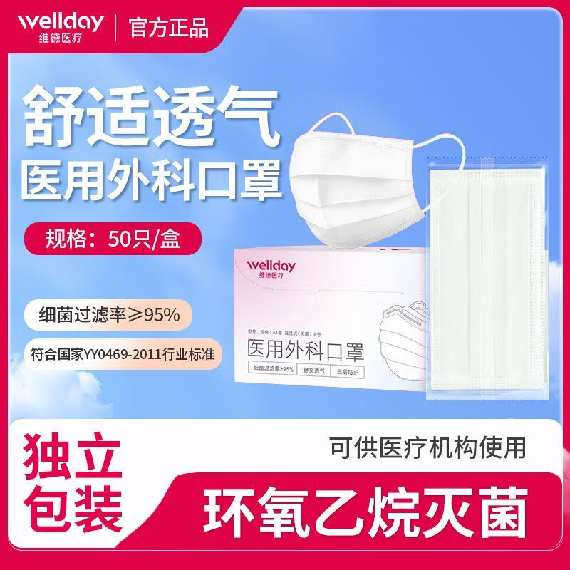 维德（WELLDAY）医用外科口罩独立包装一次性医疗口罩防护灭菌级透气夏季 独立装【夏季舒适透气】50只/盒白色