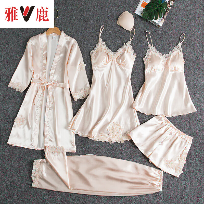 雅鹿睡衣女春夏新款时尚绸性感火辣蕾丝边长袖薄款睡袍五件套装 929五件套香槟色 M