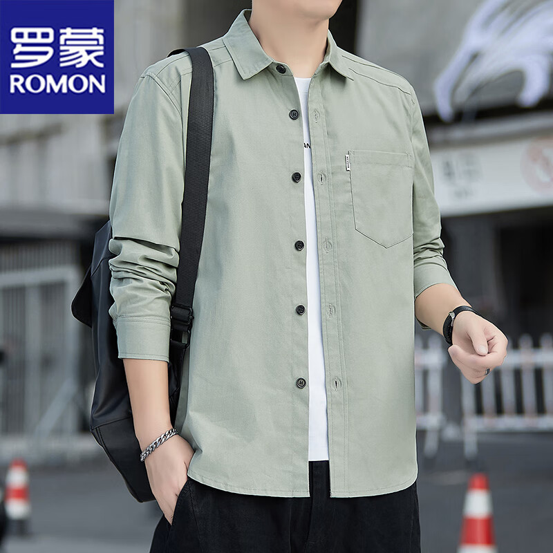 罗蒙（ROMON）长袖衬衫春秋款男士轻薄工装宽松衬衣寸衫外套 豆绿色 XL