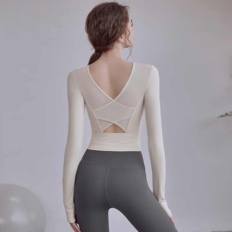LULULOMDDW2025秋冬新款帶胸墊瑜伽服上衣女美背健身衣運動普拉提套裝長袖 奶白色長袖 L