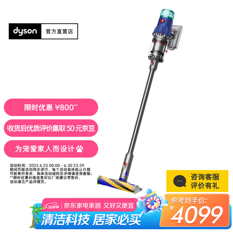 戴森（DYSON）【国家补贴15%】V12 Detect Slim Fluffy轻量高端吸尘器 光学探测微尘 140AW强劲吸力 除螨 蓝色