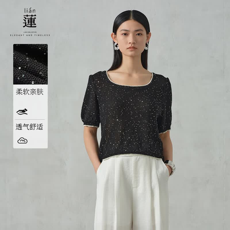 阿依莲【商场同款】高级感针织衫短袖女夏季2025新款薄款洋气显瘦上衣 黑色 S
