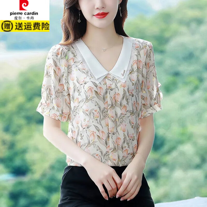 皮尔卡丹（pierre cardin）雪纺小衫女2025新款夏季洋气质显瘦时尚碎花短袖娃娃领上衣 绿色大花朵  2XL 120-130斤