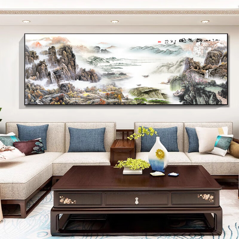 柳莺花燕流水生财客厅挂画新中式沙发背景墙国画办公室装饰字画山水画壁画 旭日东升 100cm*200cm【铝合金框】 画布纹理【画面】
